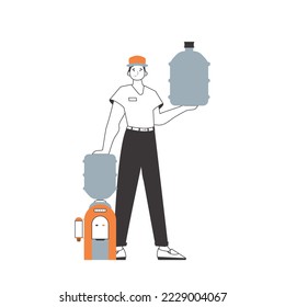 Water delivery concept. The guy is holding a bottle of water in his hands. Linear style.