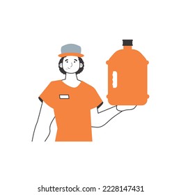 Water delivery concept. Loader with a large bottle of water in his hands. Lineart style.