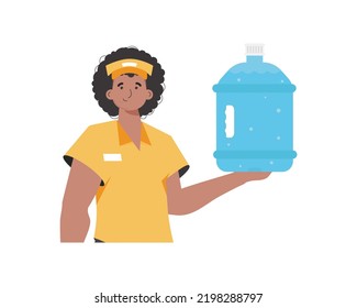 Water delivery concept. The man is holding a large water bottle. The character is depicted to the waist. Isolated on white background. Vector illustration.