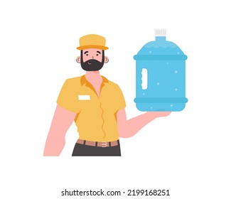Water delivery concept. The man is holding a large water bottle. The character is depicted to the waist. Isolated. Vector.