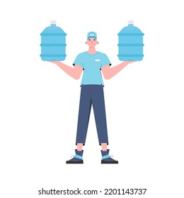 Water delivery concept. The man is holding a large water bottle. The character is depicted in full growth. Isolated on white background. Vector.