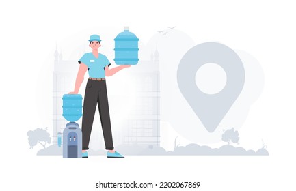 Water delivery concept. The man is holding a large water bottle. The trendy character is depicted in full growth. Vector illustration.