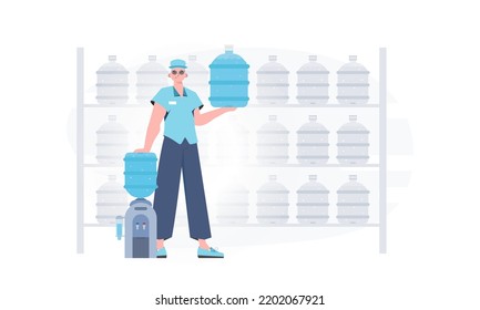 Water delivery concept. The man is holding a large water bottle. The character is depicted in full growth. Vector.