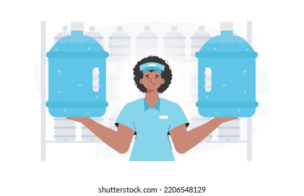Water delivery concept. The man is holding a large water bottle. The trendy character is shown to the waist. Vector.