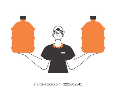 Water delivery concept. A man holds a bottle of water in his hands. Linear modern style.