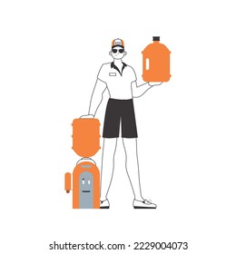 Water delivery concept. A man holds a bottle of water in his hands. Linear trendy style.