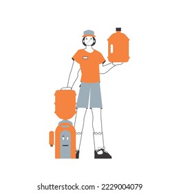 Water delivery concept. A man holds a bottle of water in his hands. Lineart style.