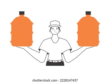 Water delivery concept. A man with a large bottle of water in his hands. Linear modern style.