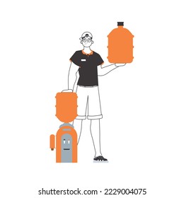 Water delivery concept. A man with a large bottle of water in his hands. Linear style.