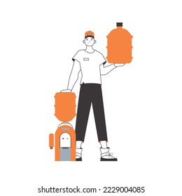Water delivery concept. A man with a large bottle of water in his hands. Linear trendy style.
