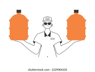 Water delivery concept. A man with a large bottle of water in his hands. Linear trendy style.