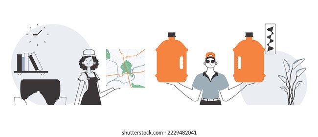 Water delivery concept. The team delivers water to the house. Linear trendy style.