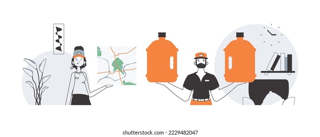 Water delivery concept. The team delivers water to the house. Linear style.