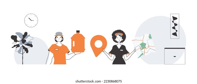 Water delivery concept. The team delivers water on demand. Linear style.