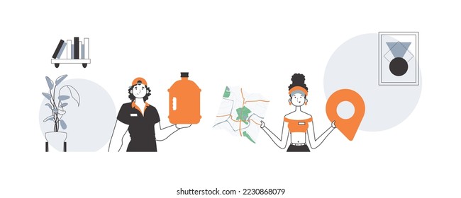 Water delivery concept. The team delivers water to the office. Linear trendy style.