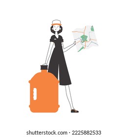 Water delivery concept. The woman is holding a map. Linear style. Isolated, vector illustration.