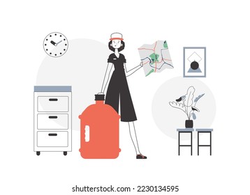 Water delivery concept. The woman is holding a map. Linear trendy style.