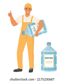 Water delivery fast service man vector illustration. Deliveryman holding big bottle gesturing like hand sign. Advertisement concept