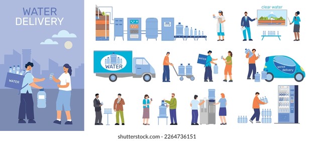 Water delivery flat composition with set of isolated icons characters of workers and clients with bottles vector illustration