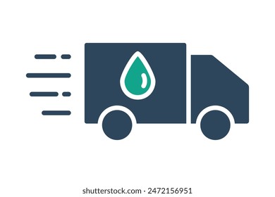 Water delivery icon. truck with water drop . icon related to supply. solid icon style. water supply elements vector illustration