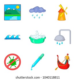 Water delivery icons set. Cartoon set of 9 water delivery vector icons for web isolated on white background