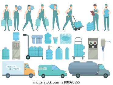 Water delivery icons set cartoon vector. Cooler gallon. Office cup