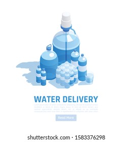 Water delivery isometric background with editable text and set of bottles of different shape and size vector illustration