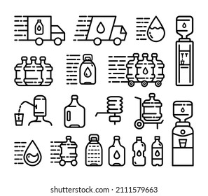 Water delivery line icons collection. Outline set of bottled water. Vector icons for web design isolated on white background