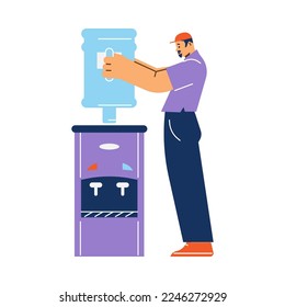 Water delivery man changing cooler canister, flat cartoon vector illustration isolated on white background. Delivery and replacement of water in the cooler services.