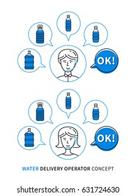 Water delivery operator vector illustration. Water shipping call center operators (male and female) and plastic bottles line art graphic design. 
