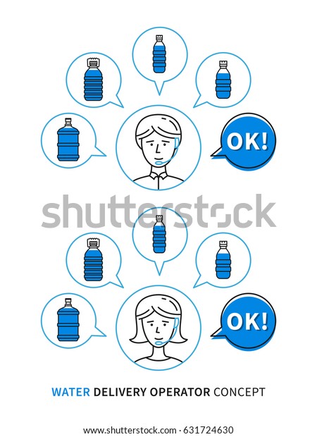 Water delivery operator vector illustration.\
Water shipping call center operators (male and female) and plastic\
bottles line art graphic design.\
\
