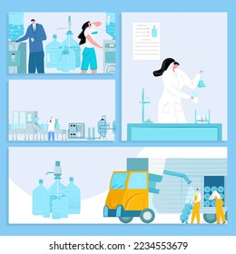 Water delivery and purification process vector illustration banners set. Testing and packaging bottles for drink. Water industry.