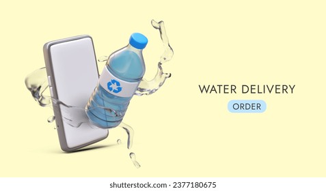 Abastecimiento de agua. Botella de plástico realista, smartphone, salpicadura de líquido transparente. Publicidad con ilustración, botón, lugar para título. Solicitud de agua embotellada purificada