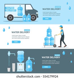 Water Delivery Service Banner Horizontal Set Logistic Business Industry Flat Design Style. Vector illustration