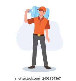 Water Delivery Service by a Male Courier. Man Carrying Big Water Bottle