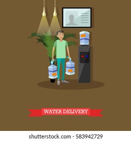 Water delivery service concept vector illustration in flat style. Man with big plastic bottles for office cooler.