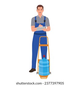 Water delivery service. Cool vector character with delivery cart with bottles. Water cooler rental, supply and shipping service. Flat vector illustration isolated on white background