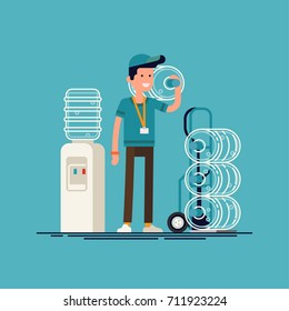 Water delivery service. Cool vector character with delivery cart with bottles. Water cooler rental, supply and shipping service concept background. Bottled water shipment worker