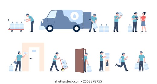 Water delivery service. Courier transportation big water bottles with car, to client at home. Liquid in plastic bottle, fill cooler in office, recent vector scenes