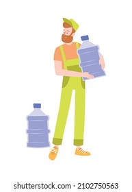 Water delivery service flat icon with male courier holding big bottle for cooler vector illustration