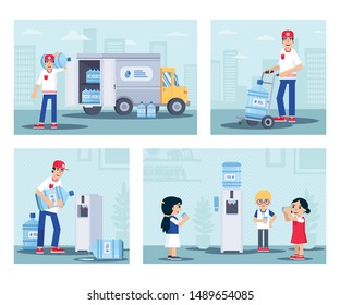 Water delivery service flat illustration set. Courier carrying purified drinkable liquid bottle. Children drinking clean water from cooler. Man loading filtered fluid gallons in van, delivering order