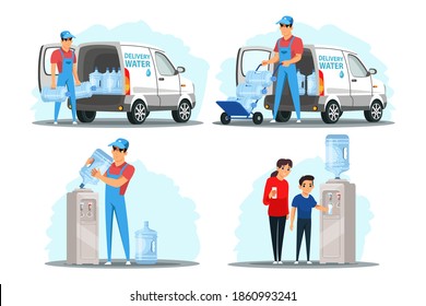 Water delivery service flat illustration set. Courier carrying purified drinkable liquid bottle. Child drinking clean water from cooler. Man loading filtered fluid gallons in van, delivering order