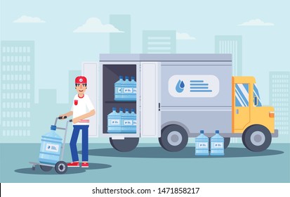 Water delivery service flat vector illustration. Smiling man with bottle in uniform cartoon character. Delivery truck. Plastic bottle, blue container. Supply, shipping. Business service