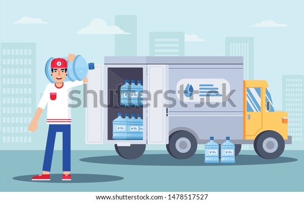 Water\
delivery service flat vector illustration. Smiling man with bottle\
in uniform cartoon character. Delivery truck. Plastic bottle, blue\
container. Supply, shipping. Business\
service