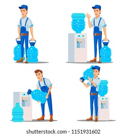 Water Delivery Service Man Set Vector. Treatment. Office Drink In Plastic Bottles. Water Cooler Rental. Supply, Shipping. Isolated Flat Cartoon Illustration