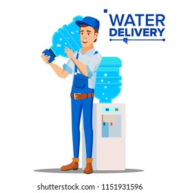 Water Delivery Service Man Vector. Company. Plastic Bottle. Supply, Shipping. Isolated Flat Cartoon Illustration
