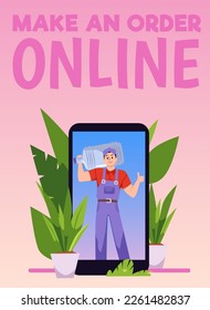 Water delivery service online order, poster template, flat vector illustration. Courier holding gallon of water, advertising banner. Happy man in uniform on smartphone screen.