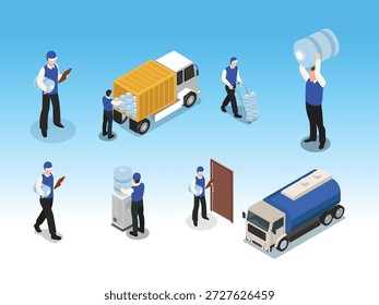 Wasserversorgung Service Set mit Arbeiter, LKW und Wasserkühler 3D isometrische Vektorgrafik