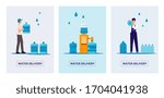 Water delivery service social media promotion banners set with delivery man characters distributing water bottles and dispenser, flat vector illustration.