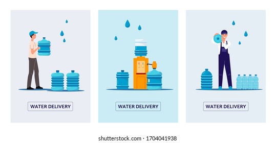 Water delivery service social media promotion banners set with delivery man characters distributing water bottles and dispenser, flat vector illustration.
